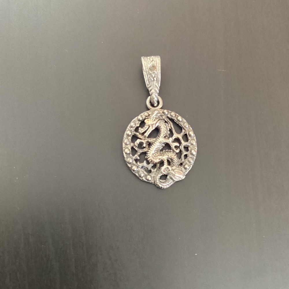 Vintage Silver tone Dragon Circle Pendant Gothic Mythical Charm